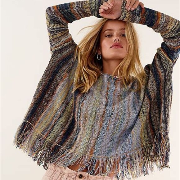 Free People Sweaters - Free People Blue Motif Fringe Sweater BOHO